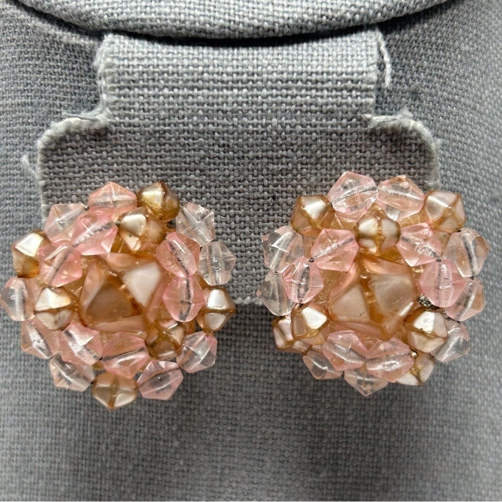 Vintage Pink Flower Cluster Beaded Clip On Earrings